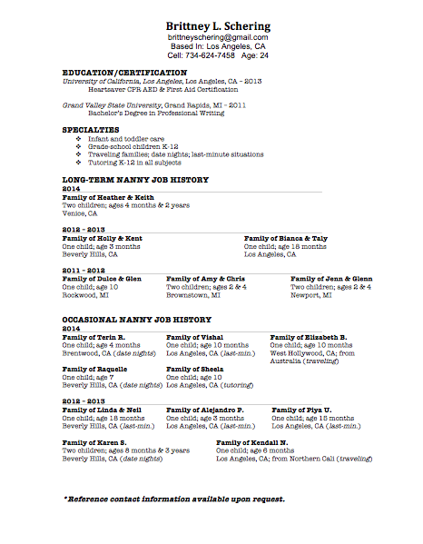 Sample resume for nanny job